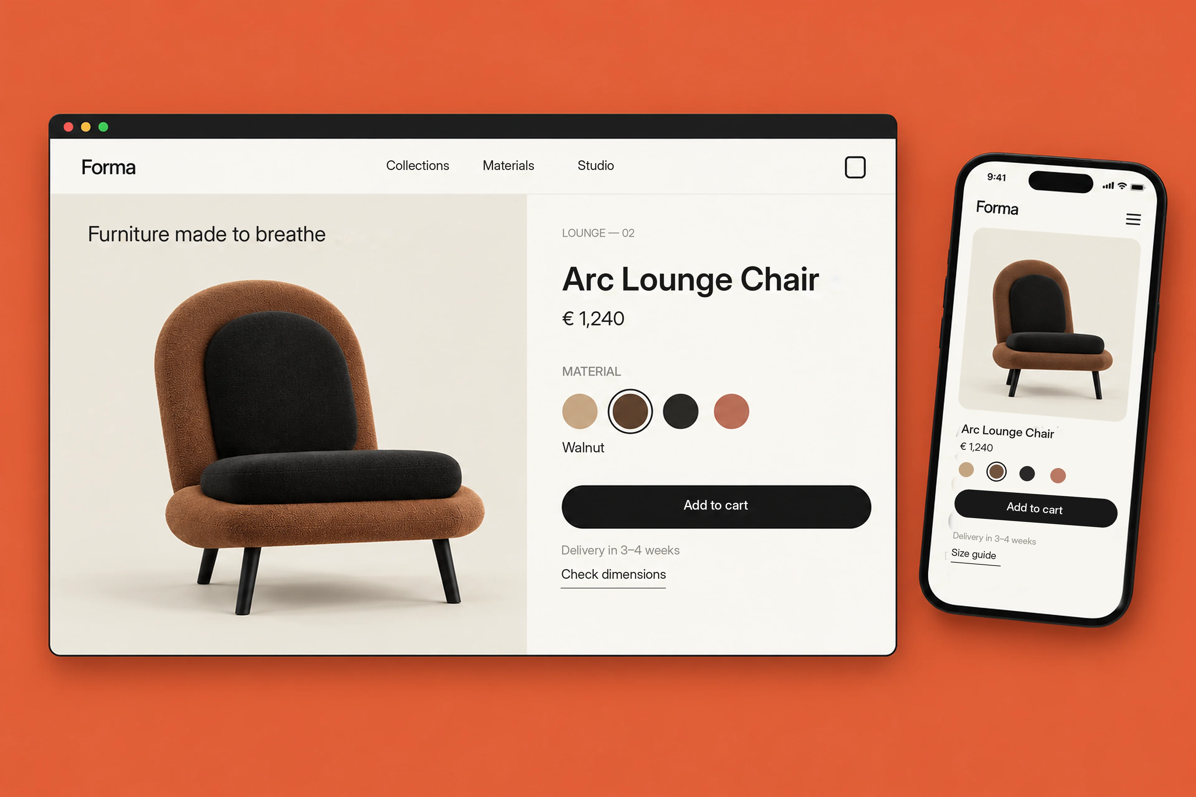 Forma concept: the product page of a lounge chair on desktop and on a phone