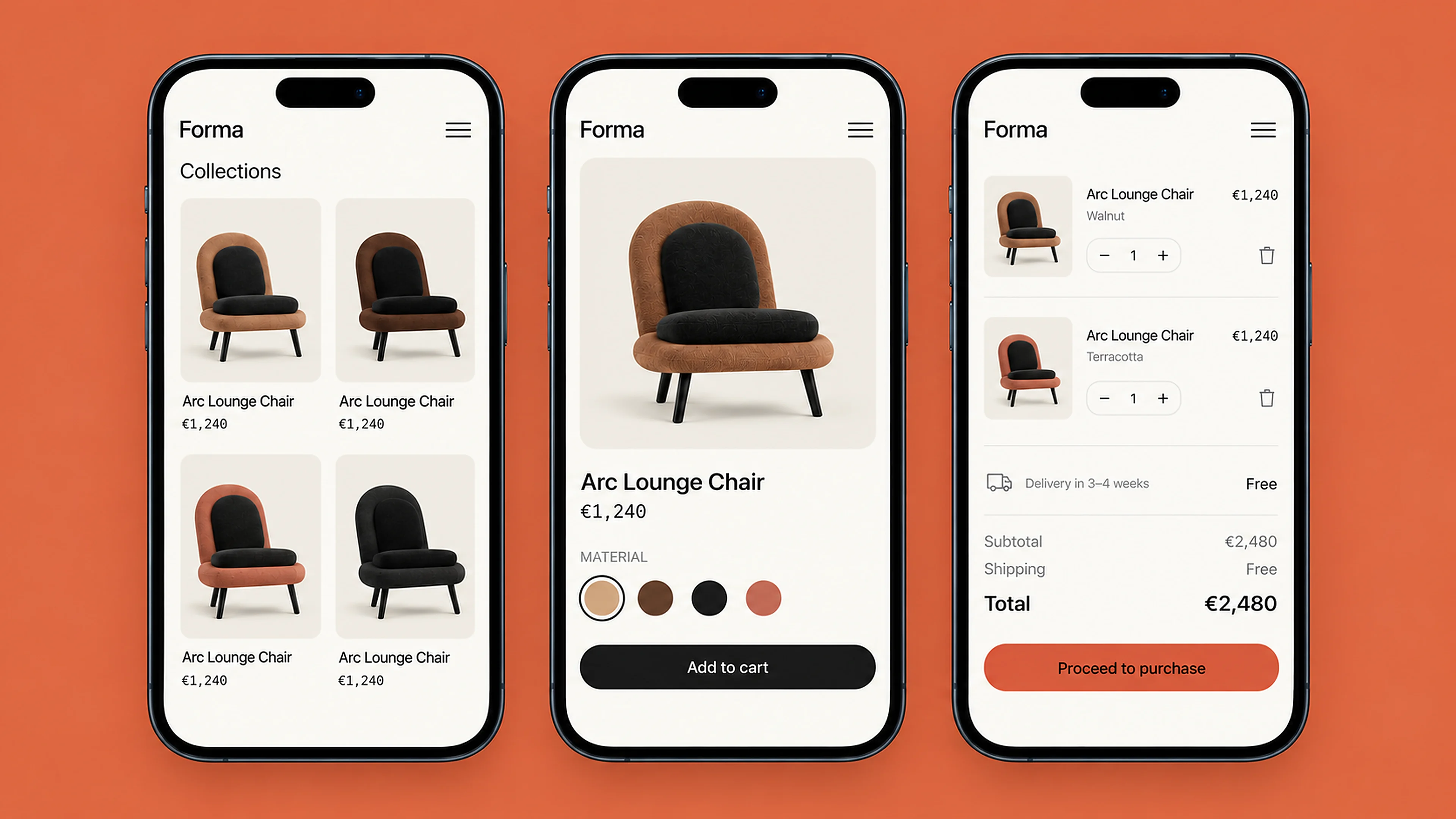 Forma screens on a phone: the collection, the product page with materials and the cart