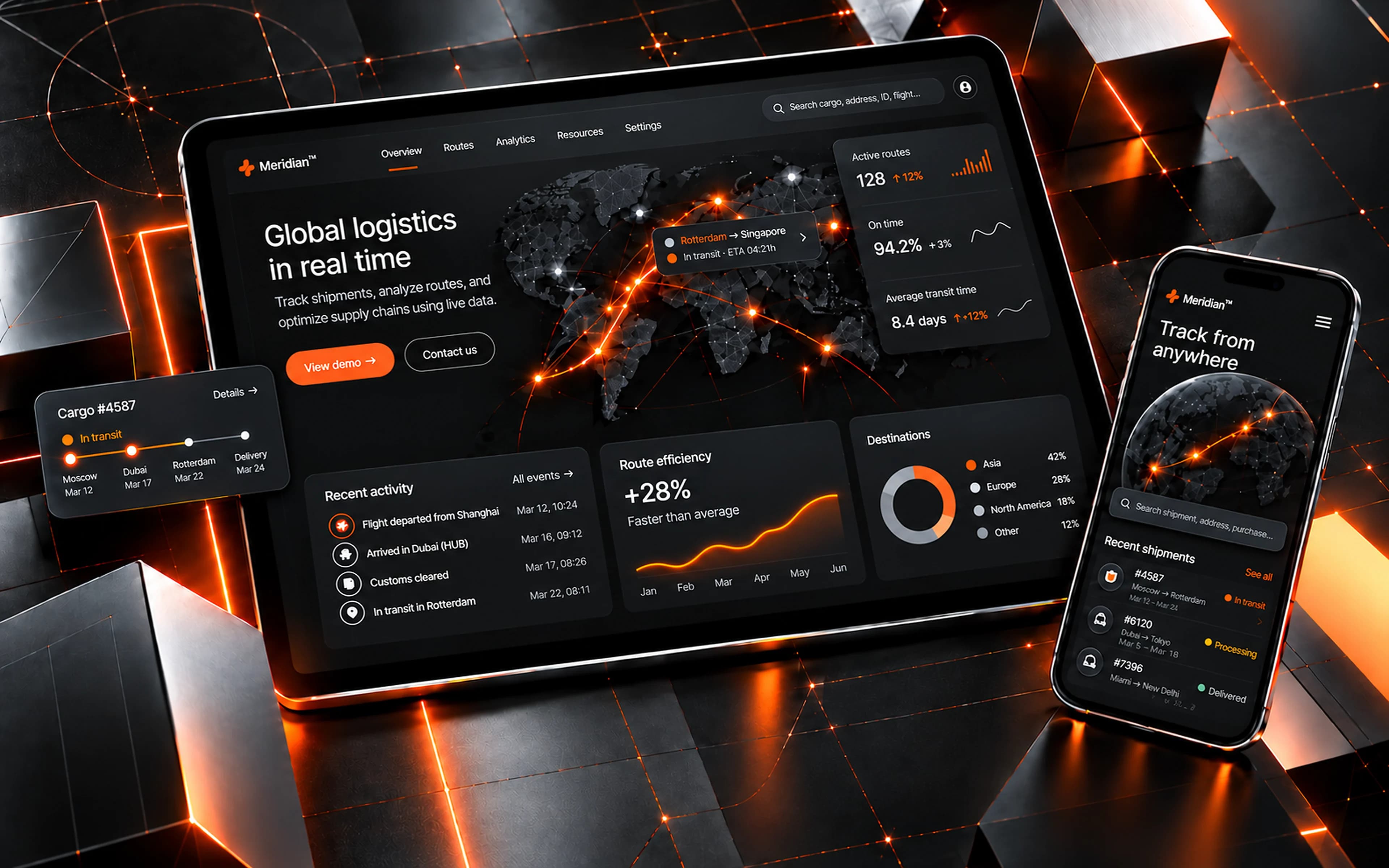 Meridian concept: the logistics dashboard on a tablet and the tracking app on a phone