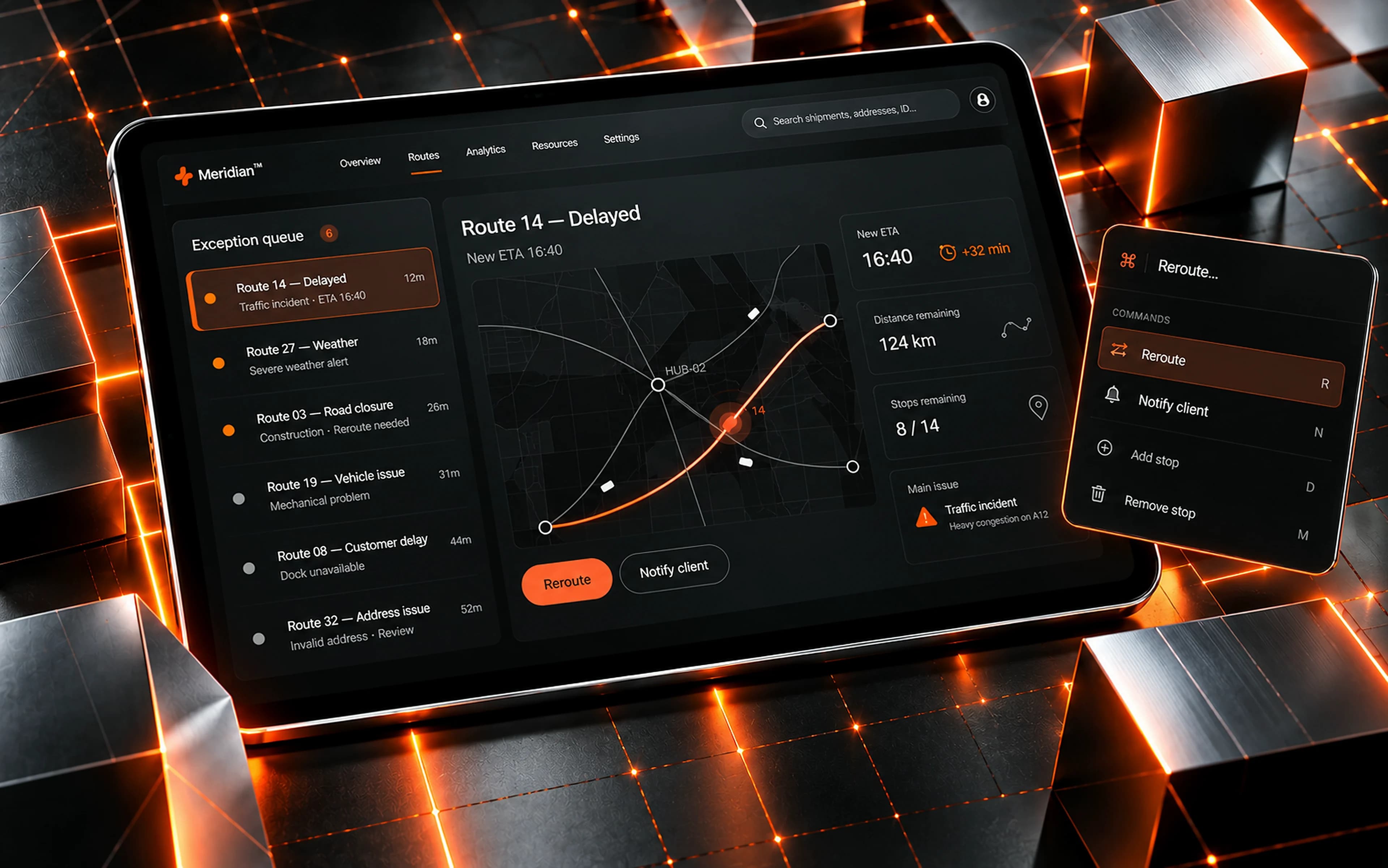 Meridian screens: the exception queue, a delayed route on the map and the reroute command menu