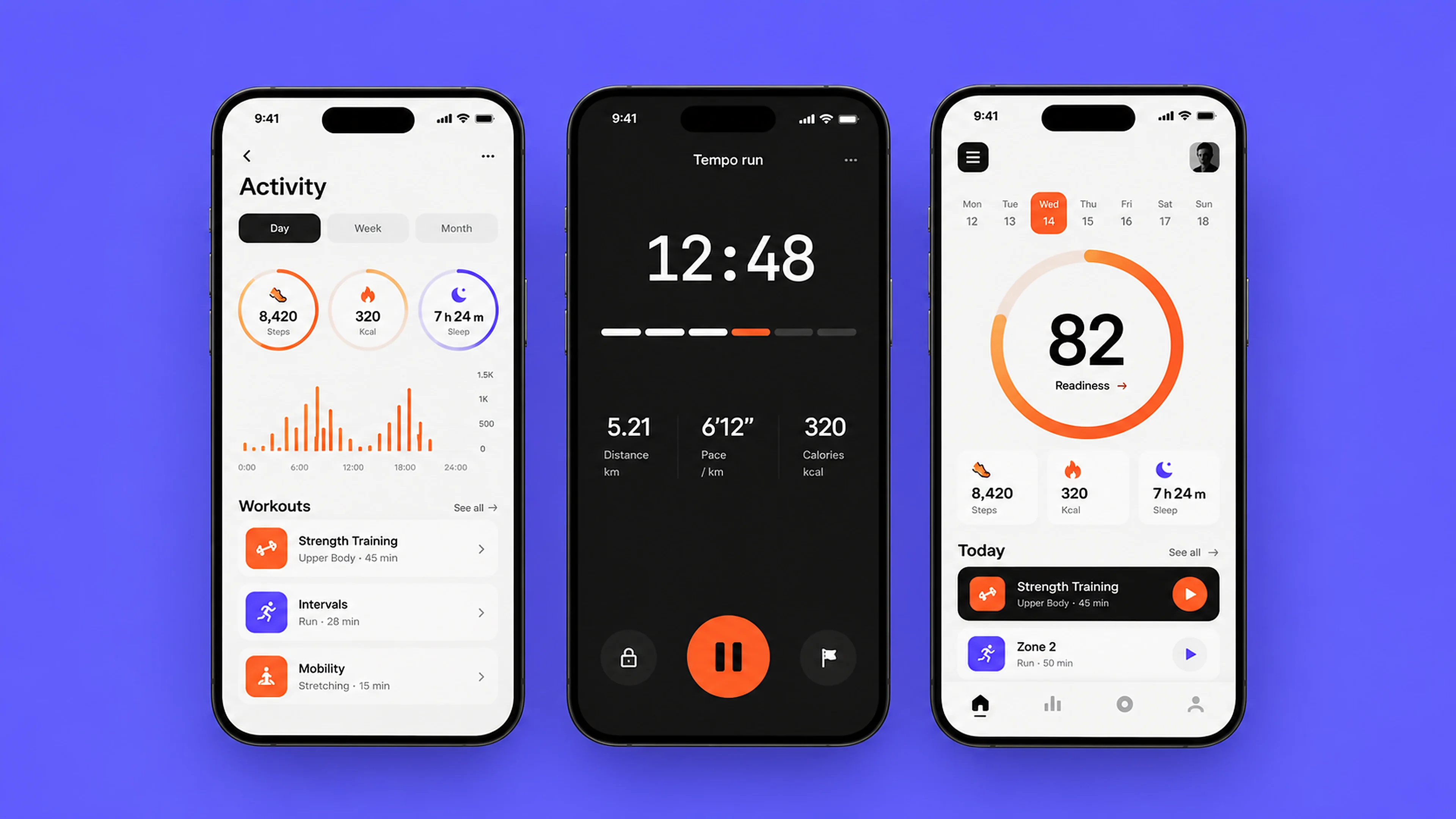 Tempo screens: activity for the day, a tempo run in progress and daily readiness